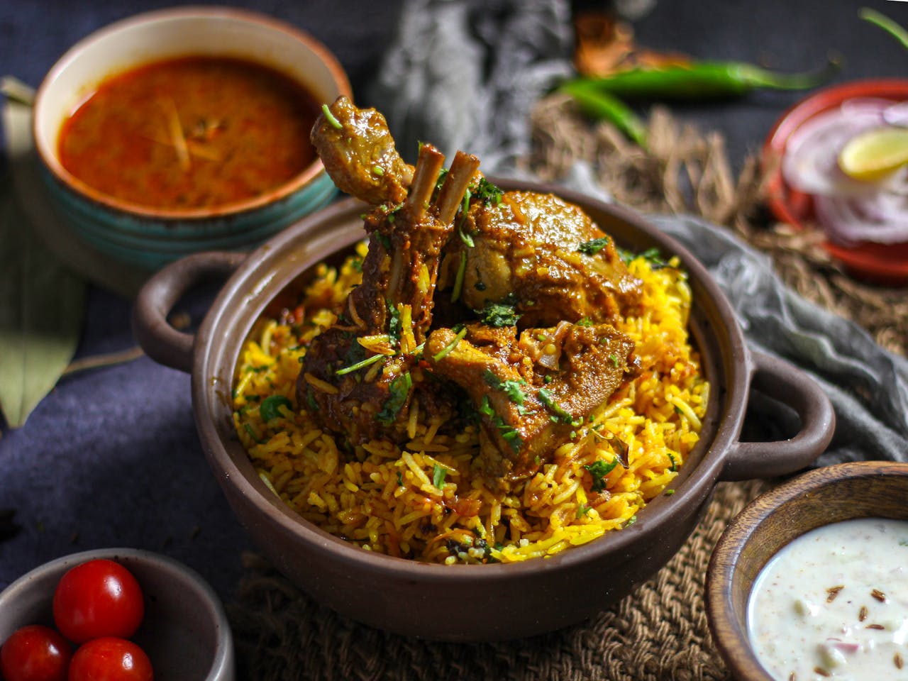 gallery-5 Delicious Indian lamb biryani served with spicy curry and yogurt sauce, perfect for a flavorful meal.